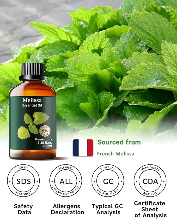Melissa Essential Oil Pure, Mumianhua Natural Therapeutic Melissa Oil for Skin, Body, Hair Care, Diffuser, Aromatherapy,Candle, Soap, Making, DIY, Massage, Sauna 3.38 Fl Oz