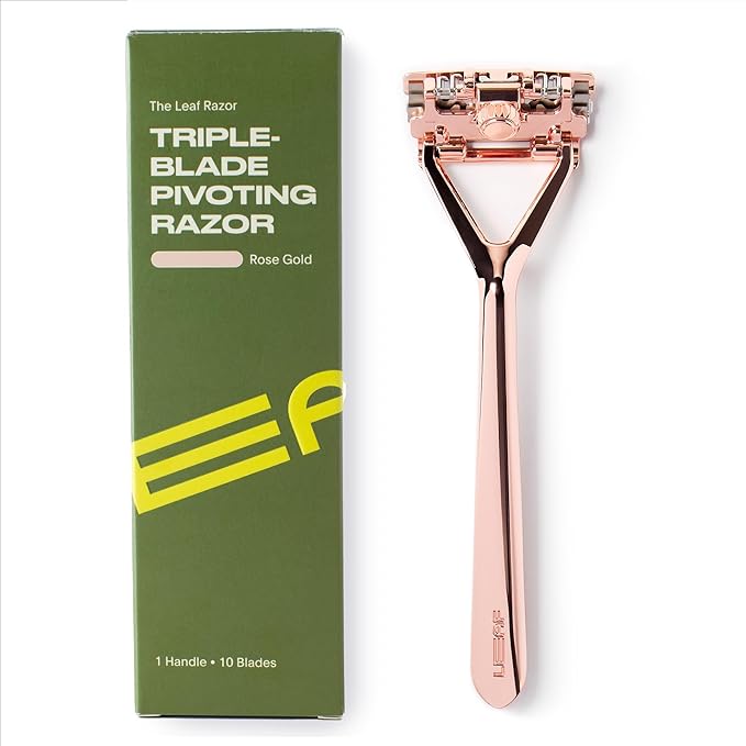 Leaf Shave | Leaf Razor, All-Metal Safety Shaver with Pivoting Head & Adjustable Blade Loading, Includes 10 Stainless Steel Single-Edge Blades, Compatible with Standard Safety Razor Blades - Rose Gold