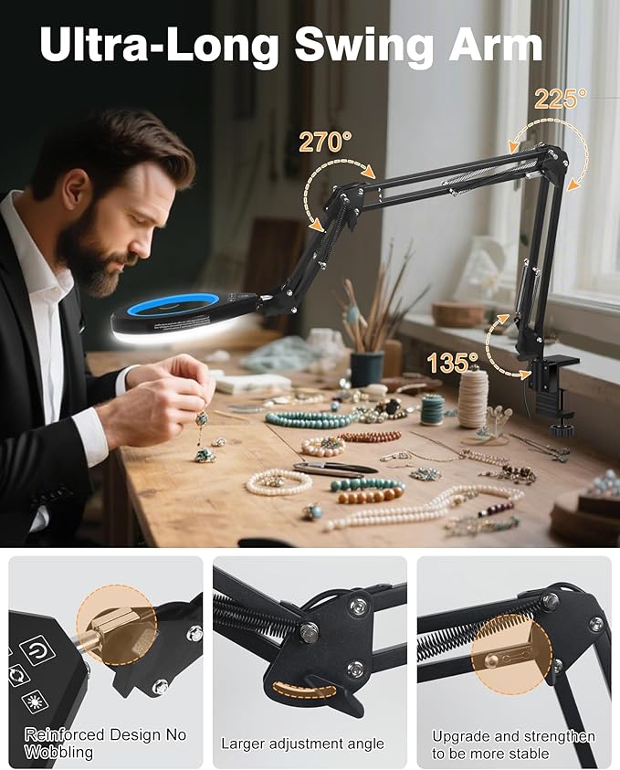 10X & 5X Magnifying Glass with Light, Ultra Long Swing Arm, 5 Colors & 10 Brightness, Real Glass Lens Large Magnifying Lamp for Craft Painting Workbench Jewelry Making Hobby Close Work (Blue)