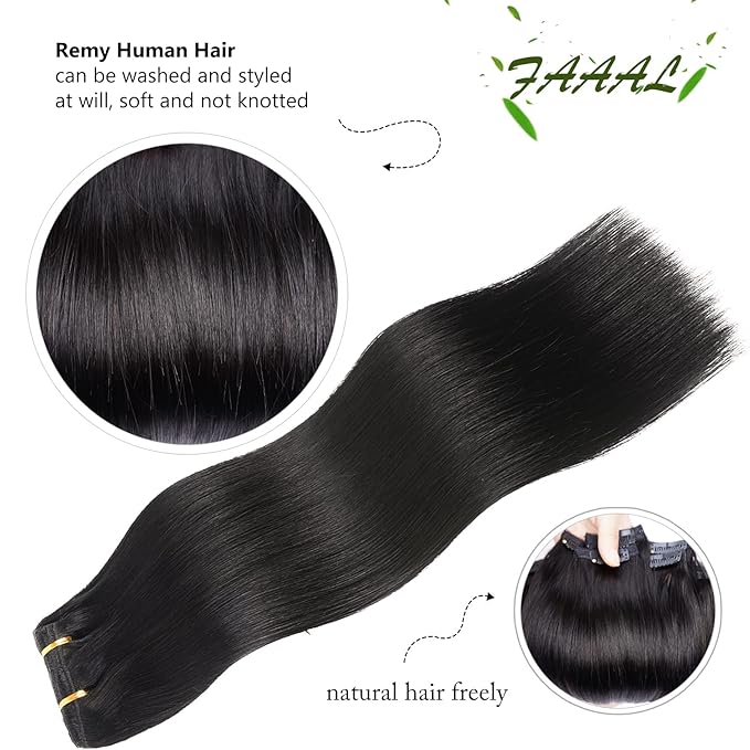 20" Clip in Human Hair Extensions Full Head 180g 7 Pieces 16 Clips 1# Jet Black Double Weft Brazilian Real Remy Hair Extensions Thick Straight Silky (20",180g Jet Black)