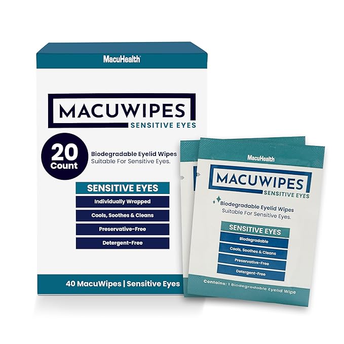 MacuHealth MacuWipes Sensitive - Pre-Moistened Eyelid Wipes for Dry, Sore & Gritty Eyes, Alcohol-Free, Rinse-Free Formula with Tea Tree Oil & Micellar Water, Individually Wrapped - 20 Count