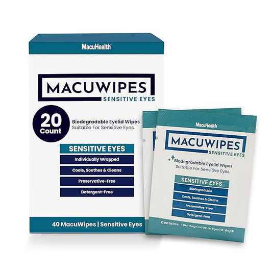 MacuHealth MacuWipes Sensitive - Pre-Moistened Eyelid Wipes for Dry, Sore & Gritty Eyes, Alcohol-Free, Rinse-Free Formula with Tea Tree Oil & Micellar Water, Individually Wrapped - 20 Count