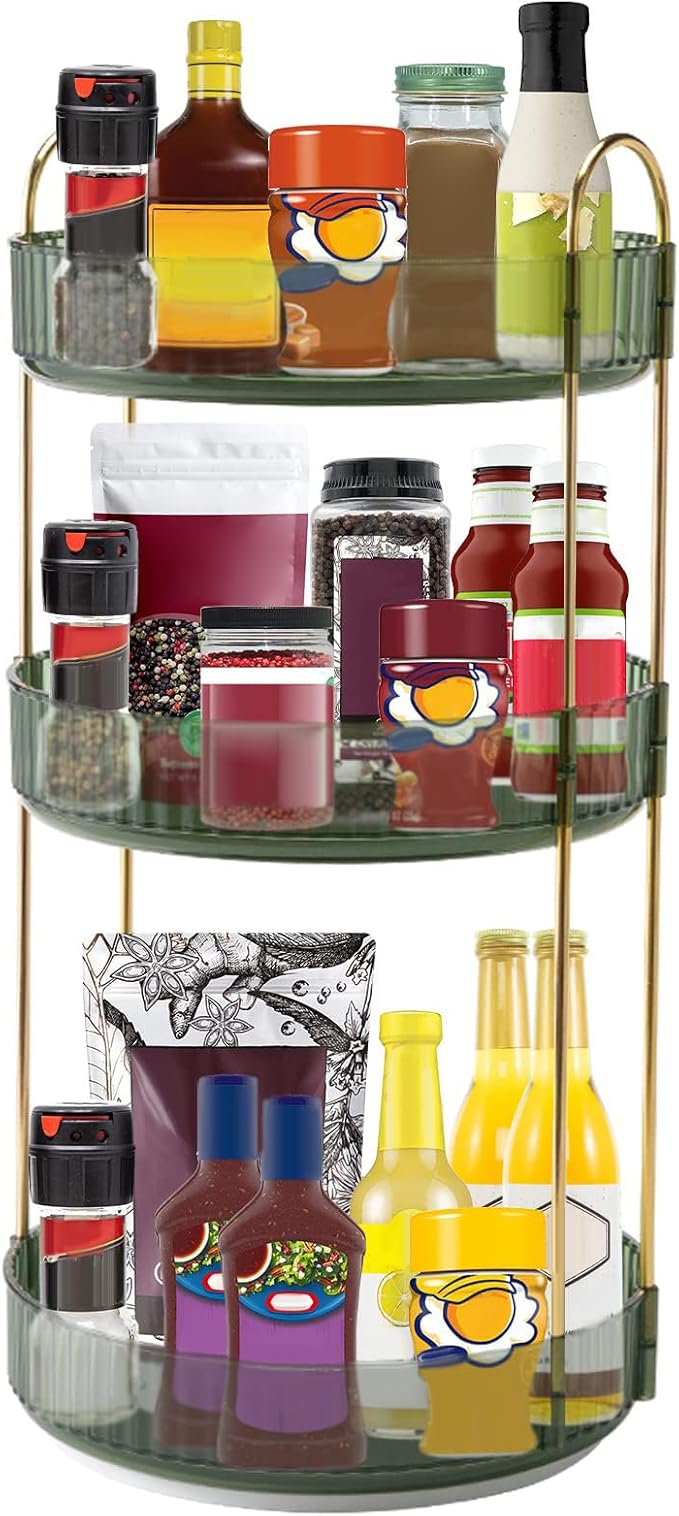 360° Rotating Makeup Organizer, Bathroom Make Up Spinning Holder Rack, Large Capacity Cosmetics Storage Vanity Shelf Countertop, Fits Cosmetics, Perfume, Skincare(3 Tiers, Green)