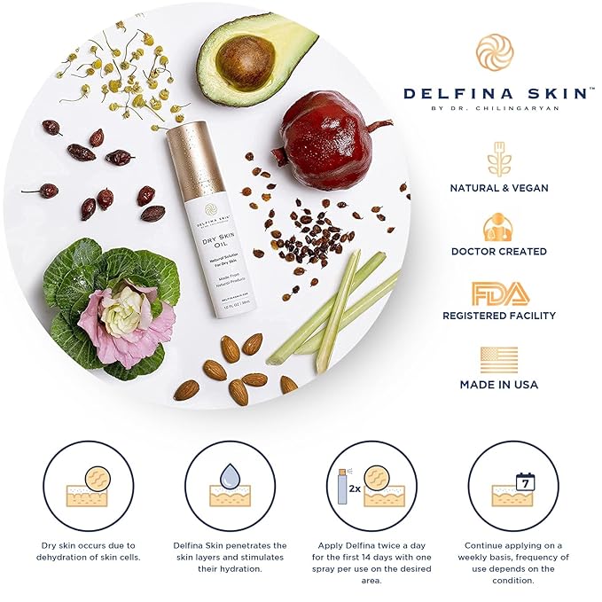Delfina Dry Skin Oil - Eczema Psoriasis Treatment for Skin | Fast Absorbing and More Effective than Lotion for Extremely Dry Cracked Irritated Skin | Safe for All Ages