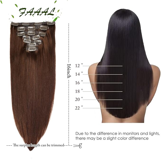 16" Clip in Human Hair Extensions Full Head 130g 7 Pieces 16 Clips 4# Chocolate Brown Double Weft Brazilian Real Remy Hair Extensions Thick Straight Silky (16",130g Chocolate Brown)