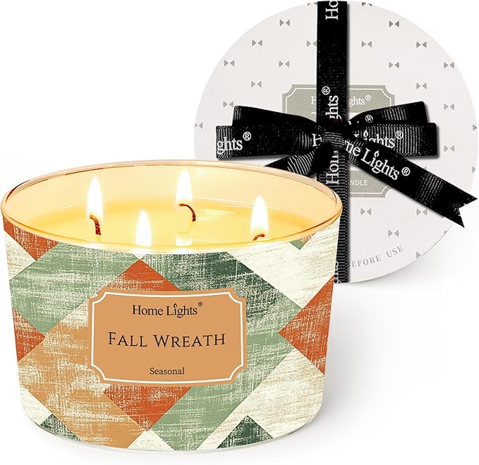 HomeLights Soy Wax Candles for Home Scented, 4-Wick Candles in Fall Wreath Scented, Rustic Modern Aromatherapy Candles Gift for Parties, Relaxing, 18oz