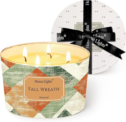 HomeLights Soy Wax Candles for Home Scented, 4-Wick Candles in Fall Wreath Scented, Rustic Modern Aromatherapy Candles Gift for Parties, Relaxing, 18oz