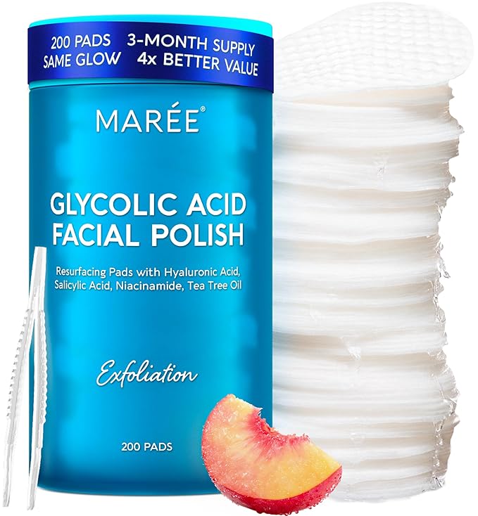 MAREE Glycolic Toner Pads – 200 Toner Pads for Face Cleansing – Facial Exfoliating Pad with Tea Tree Oil, Salicylic Acid & Vitamins E, B3, B5 – Acne Clearing, Skin Pore Resurfacing & Radiance Device