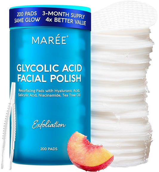 MAREE Glycolic Toner Pads – 200 Toner Pads for Face Cleansing – Facial Exfoliating Pad with Tea Tree Oil, Salicylic Acid & Vitamins E, B3, B5 – Acne Clearing, Skin Pore Resurfacing & Radiance Device