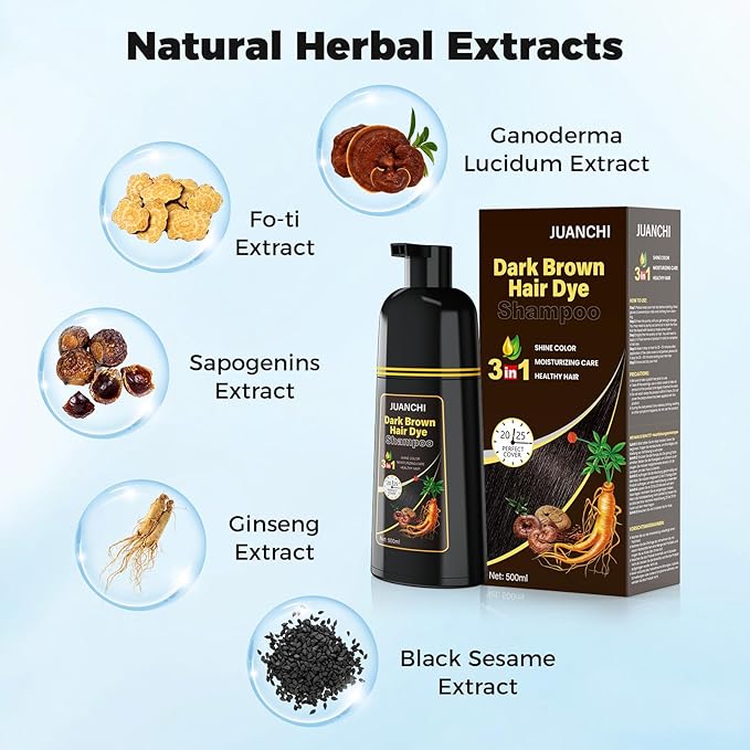 JUANCHI Dark Brown Hair Dye Shampoo 3 in1, Dark Brown Shampoo Hair Dye for Gray Coverage, Natural Hair Color for Women Men, Herbal Formula, Ammonia-free, Lasts 30 Days, 500ml (16.90 oz)