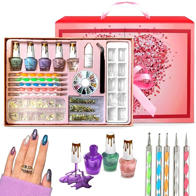 Nail Art Kit for Girls - Beginner's Set with Rhinestones, Crystals, Tweezer, Dotting Tool & Accessories