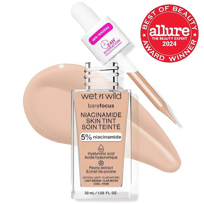 wet n wild Bare Focus Skin Tint, 5% Niacinamide Enriched, Buildable Sheer Lightweight Coverage, Natural Radiant Finish, Hyaluronic & Vitamin Hydration Boost, Cruelty-Free & Vegan - Natural Light