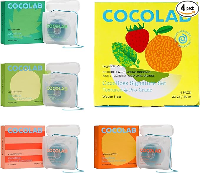 Cocofloss Woven Dental Floss, Dentist-Designed Oral Care, Waxed, Vegan, Kid-Friendly, with Coconut Oil, 4-Pack of Mint, Coconut, Orange, Strawberry (33 yard Each)