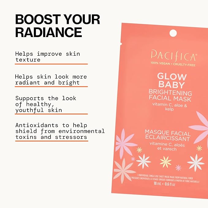 Pacifica Sheet Face Mask - 6 Pack - Glow Baby Brightening Facial Mask w/Vitamin C, Aloe & Kelp – Cooling Mask for Dark Spots & Fine Lines - Clean Beauty Vegan & Cruelty-Free Dermatologist Tested