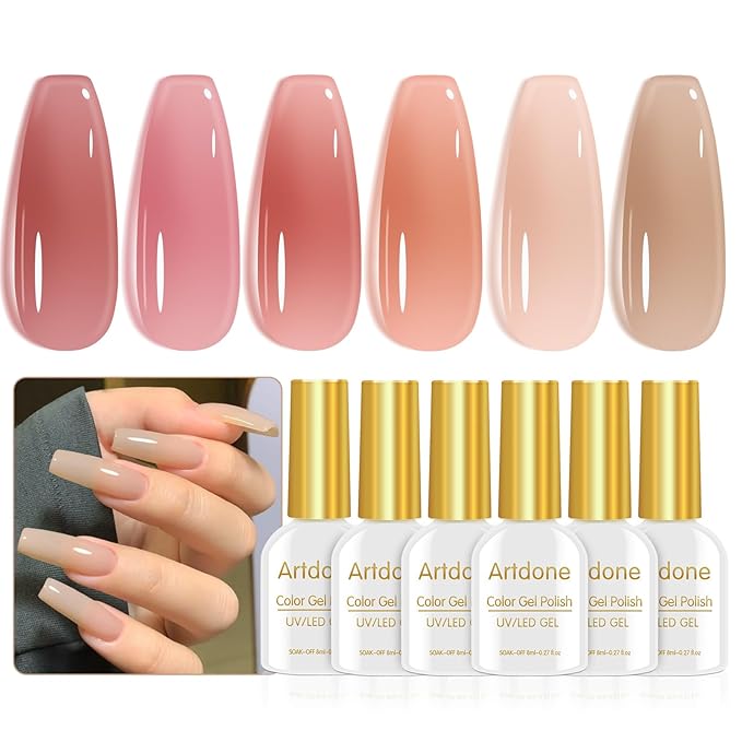 Artdone Sheer Gel Nail Polish Set - 6 Colors Translucent Pink Nude Brown UV Jelly Polish for All Seasons - Neutral Soak off LED Lamp Manicure Kit for Nail Art