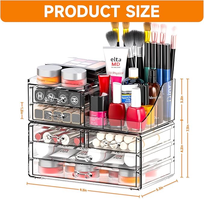 ﻿SUOXING Clear Acrylic Makeup Organizer for Vanity,Bathroom,Dresser,6 Drawer Cute Make up Organizers for Counter,Plastic Countertop Makeup Storage for Beauty,Jewelry,Brush,Cosmetic,Skin Care Organizer