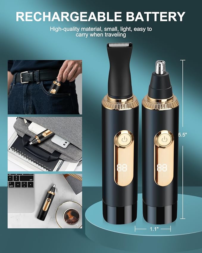 Ear and Nose Hair Trimmer for Men Women with LED Display, 2 in 1 Painless USB Rechargeable Nose Trimmer Clipper Eyebrow & Facial Hair Remover, 13,000 RPM,Dual Edge Blades,Waterproof,Black Gold