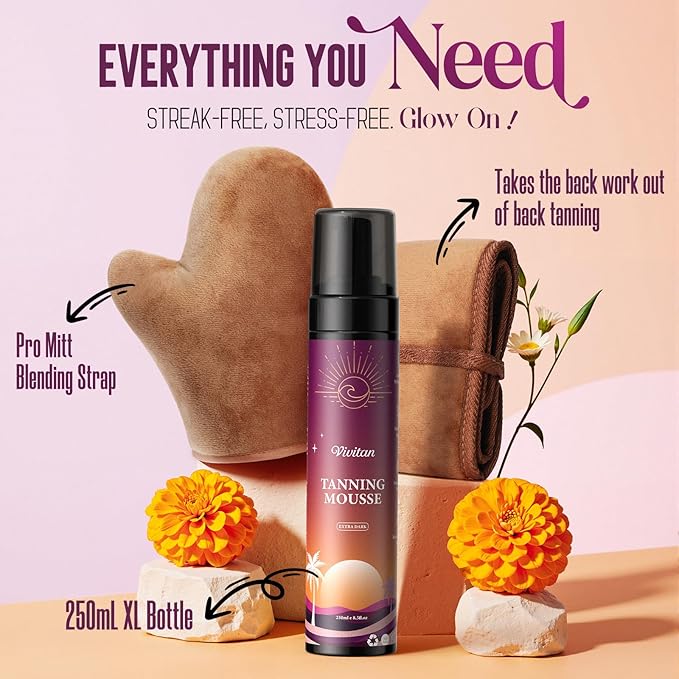 Self Tanner Mousse Kit - 250mL XL & Mitt & Strap | 1-Hour Express Dark Bronze + Plant 30% DHA for Long-Lasting Tan | No Orange Tones, Streak-Free & Odorless | Natural Sunless Glow