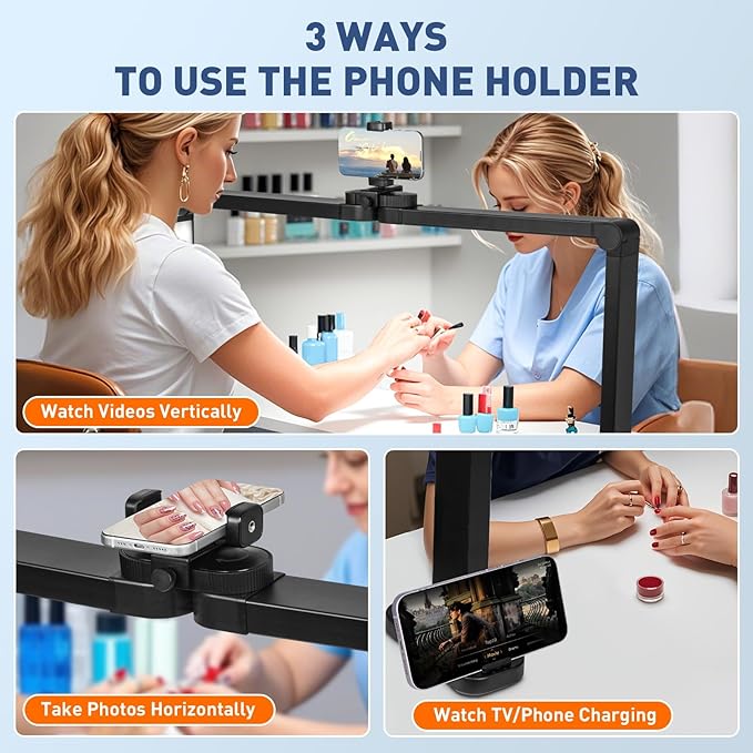 KIRKAS 34inch Large Half Moon Light for Nail Tech, 456 LEDs 3 Color Modes Infinitely Knob Arch Nail Light with Phone Holder Charging Function, Foldable Lighted Desk Lamp for Manicure, Handicraft-Black