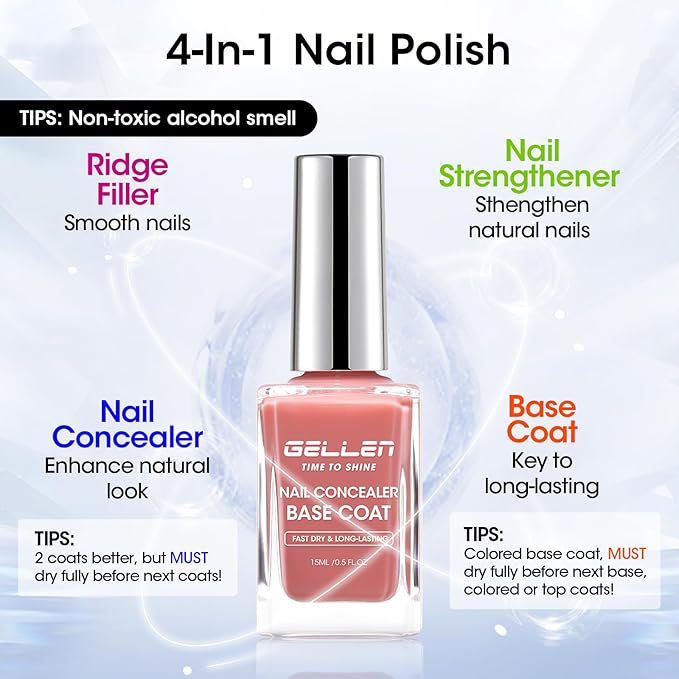 GELLEN 4-In-1 Illuminating Nail Concealer Base Coat Polish Dusty Rose Pink, Sheer Nail Strengthener Ridge Filler for Nails, Calcium Formula Smoothes Strengthens Nails, Quick Dry, Hema Free, Non-toxic