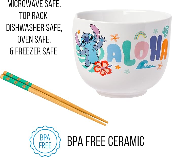 Silver Buffalo Disney Lilo and Stitch Aloha Tropical Ceramic Ramen Noodle Rice Bowl with Chopsticks, Microwave Safe, 20 Ounces