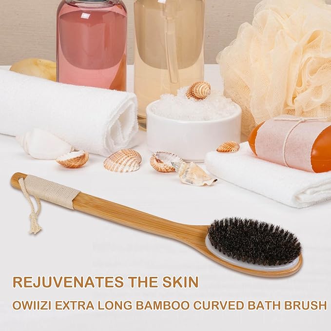 OWIIZI Horsehair Bath Brush Bamboo Curved Long Handle Antiskid Body Brush for Exfoliating, Natural Mane Shower Scrubber for Back Use Wet or Dry,Back Scrub Deep Cleanse-17.9inches
