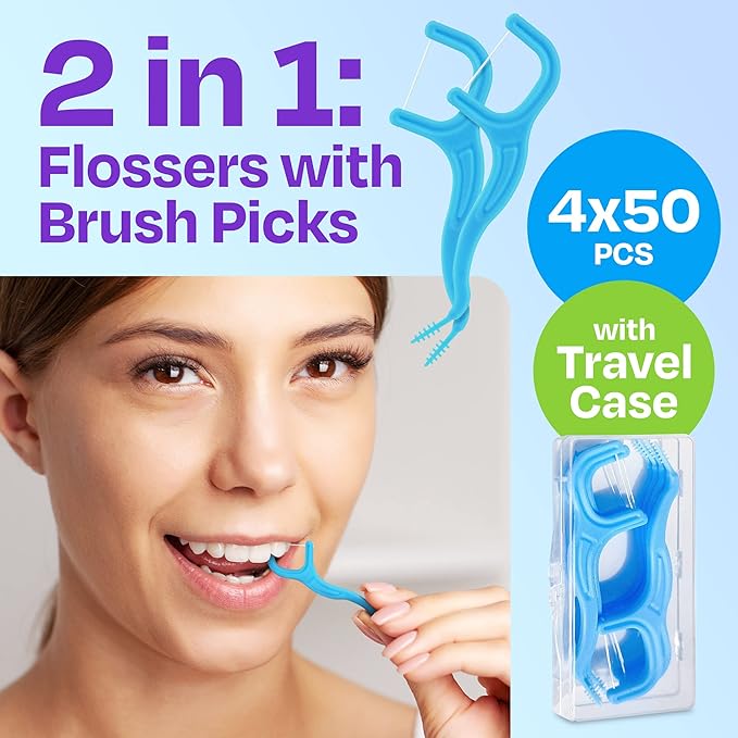 Trueocity Dental Flossers Brush Picks 4 Pack w/Travel Case (200 Total Count), Dental Floss Glides Easy, Flosser Helps Prevent Tooth Decay & Gum Disease, Easy Grip, Flossers for Adults, Mint Flavored