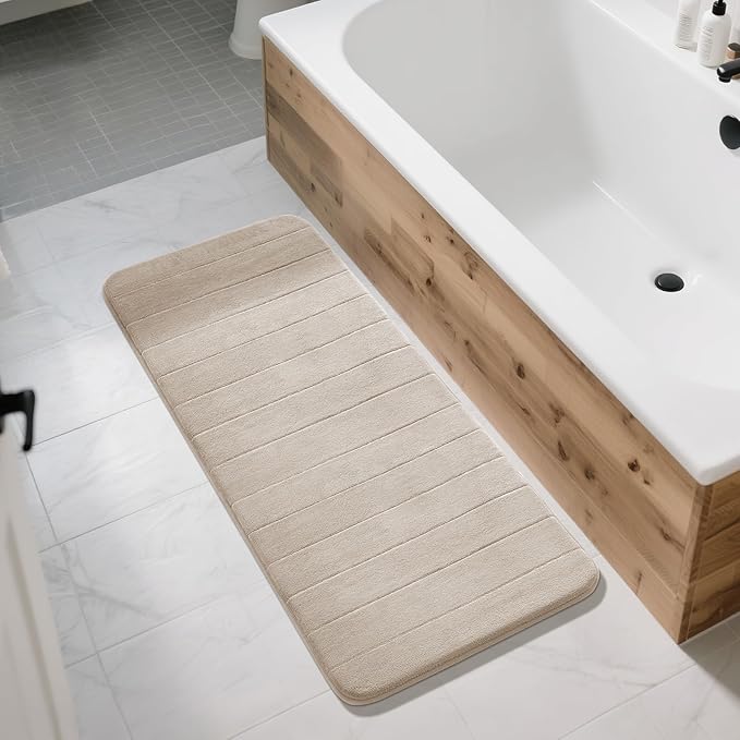 Yimobra Bathroom Runner 55"x24", Non Slip Memory Foam Bath Mat, Super Soft Water Absorbent Hallway Carpet, Machine Washable Rug for Vanity Tub Shower, Beige