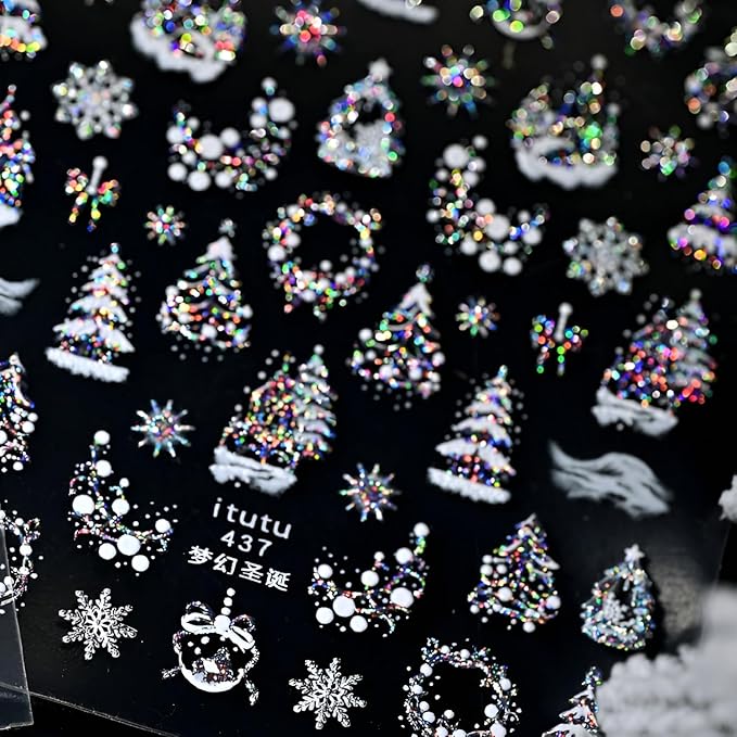 Christmas Nail Stickers for Nail Art 5D Embossed Colorful Xmas Tree Nail Art Stickers Colorful Christmas Nail Decals Silver White Snowflake Nail Art Supplies Design for Women Girls