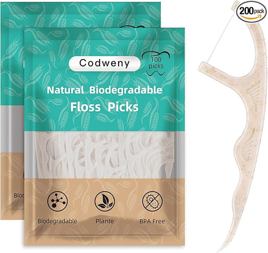 Biodegradable Dental Floss Picks 200 Count, Vegan Plant Based Handle,Eco Friendly Tooth Flossers Toothpick Soft Cleaning for Kids and Adult on Gums (200)