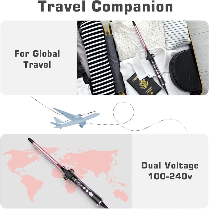 1/2 inch Curling Iron for Short Hair, Dual Voltage Hair Curling Iron Ceramic, Professiona Curling Wand Tourmaline(Rose Gold)