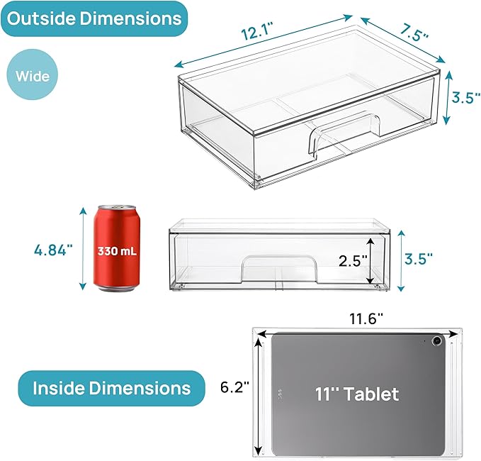 Vtopmart 12.1''W Clear Stackable Storage Drawers,6 Pack Acrylic Plastic Organizers Bins for Makeup Palettes, Cosmetics, and Beauty Supplies,Ideal for Vanity, Bathroom,Cabinet,Desk Organization