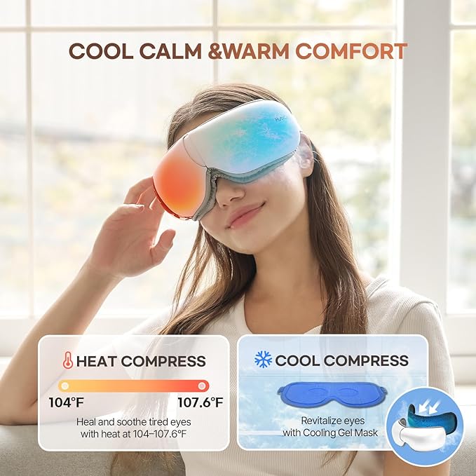 HubiCare Ultra Quiet with Double Pad Eye Massager, under 30dB Heat & Cooling for Enhanced Comfort, Airbag and Bluetooth Music for Dark Circles, Dryness, Relieve Strain and Migraine Relief Relaxation