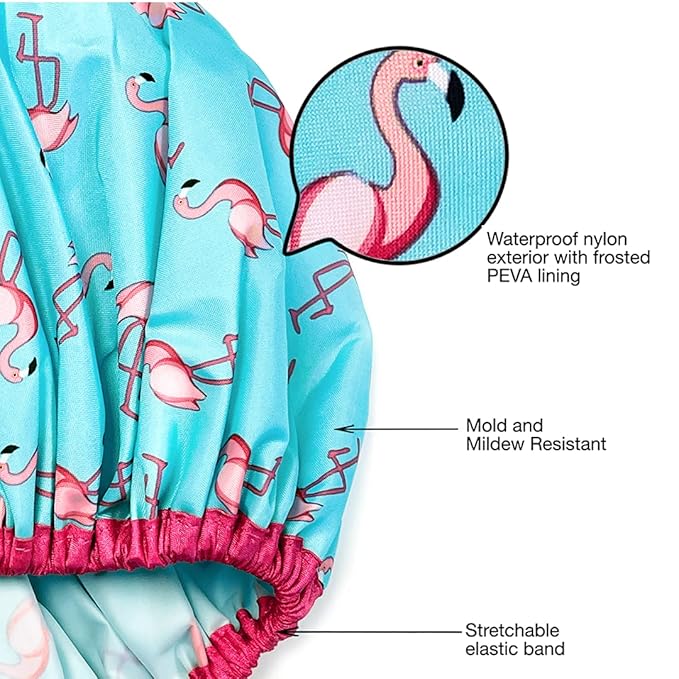 Reusable Shower & Bath Cap & Lined, Oversized Waterproof Shower Caps Large Designed for all Hair Lengths with PEVA Lining & Elastic Band Stretch Hem Hair Hat - Fashionista Flamingo Party