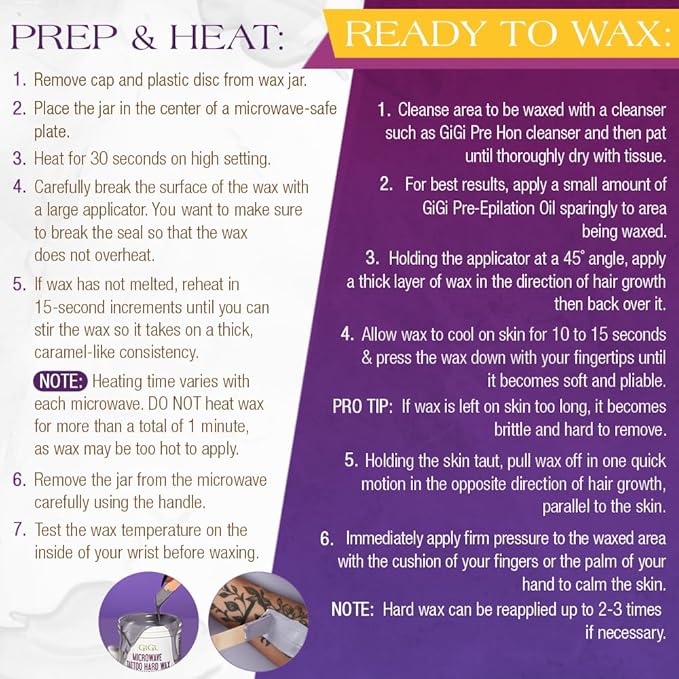 GiGi Microwave Tattoo Hard Wax for Hair Removal - Grapeseed Oil-Infused Safe for Tattoos, No Strips Needed, 8 oz