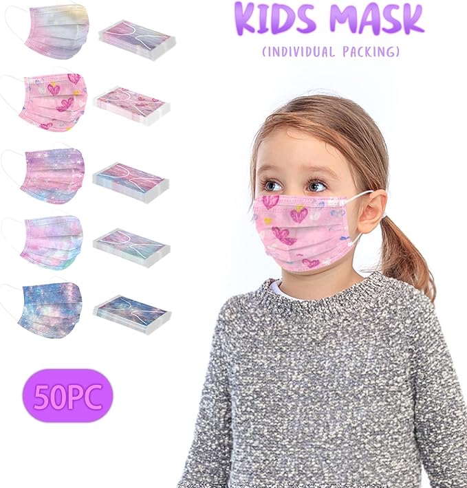 Rasav Kids Disposable Face Masks,3 Ply Kids Masks Disposable Breathable Colorful Cute Face Masks for Children, Girls & Boys