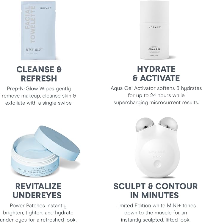 NuFACE MINI+ Microcurrent Facial Device Ultimate Uplift Holiday Kit - Brilliant White Face Sculpting & Contouring Device with Aqua Gel, Power Patches, Prep-N-Glow Skin Care Wipes & Luxe Gift Box