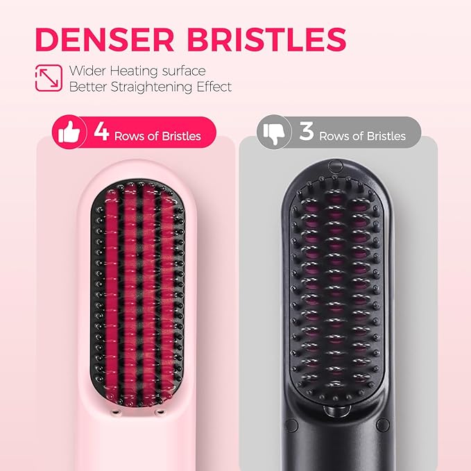 Cordless Hair Straightener Brush, Portable Straightening Brush for Travel, Mini Ionic Hot Comb with 9 Temperature Settings, Rechargeable Heated Straightening Comb, Dual Power, Gifts for Women Her