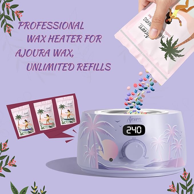 Ajoura Hard Wax Warmer for Brazilian & Bikini, Digital Hair Removal Kit with See-Through Lid, 10-Min Heat, 30 Wax Sticks, Beginner Friendly for Full Body & Face (Purple)