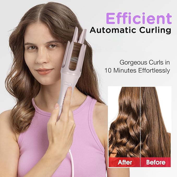 Automatic Curling Iron, 1.5 Inch Hair Curler with 4 Temp. Options, 10S Fast Heating, 2-Way Rotation, 30 Min Auto Shut-Off, Anti-Scald-Tangle for Long Hair, Dual Voltage for Travel (Khaki)