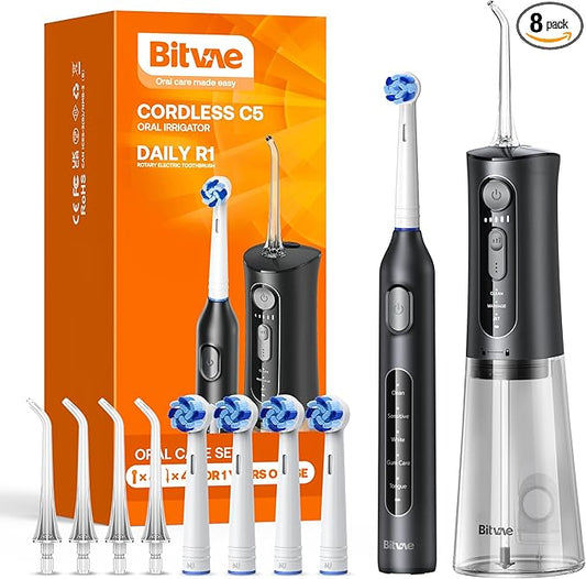 Bitvae Water Dental Flosser Teeth Picks, Cordless Water Flosser for Teeth, Braces, Dental Care and Rechargeable Rotary Electric Toothbrush Combo Set, 4 Tips, 4 Brush Heads, Waterproof, Black, C5+R1