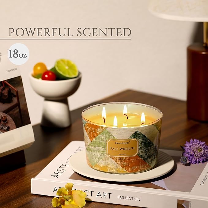 HomeLights Soy Wax Candles for Home Scented, 4-Wick Candles in Fall Wreath Scented, Rustic Modern Aromatherapy Candles Gift for Parties, Relaxing, 18oz