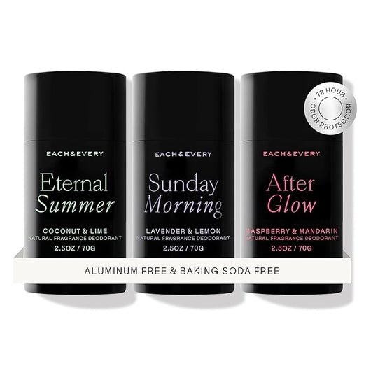 Each & Every All Natural Deodorant for Women & Men - Sensitive Skin, Plant-Based, Baking Soda & Aluminum-Free Deodorant - Long Lasting 24 Hr Odor Control - Multiple Scents (3 Pack, 2.5oz)