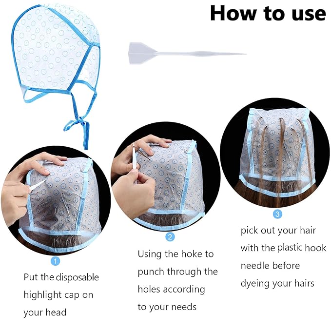 6 Pieces Highlighting Cap Hair Frosting Cap Highlight for Dye Color Bleach with Plastic Hooks Hair Coloring Salon Hairdressing Tool Kit Supplies(Blue)