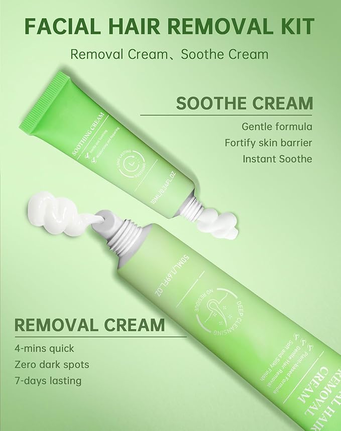 Painless Facial Hair Removal Cream for Women - Sensitive Skin 2-in-1 Kit with Soothing Cream | Upper Lip & Chin Hair Remover | At-Home Depilatory (4 Min, 7 Days Smooth),2.03 Fl Oz