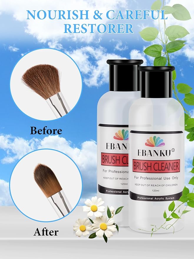 EBANKU 120ml Acrylic Nail Brush Cleaner, 3 in 1 Nail Art Brushes Conditioner Nail Brush Clean Solution Quickly Clean With Glass Cup and Scrub Brush for Solid Gel Polish/Nail Extension Gel