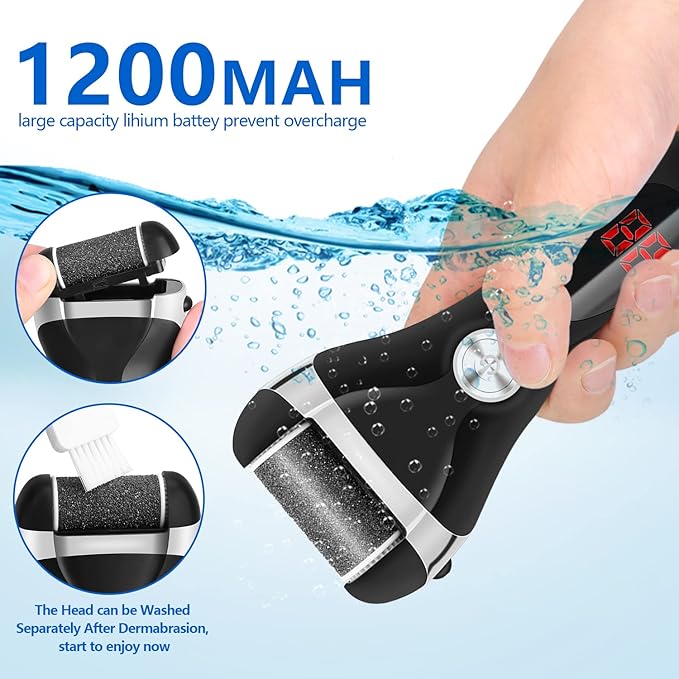 Electric Foot Callus Remover Kit, Elmchee Rechargeable Pedicure Tools Foot Care Feet File with 3 Roller Heads,2 Speed,Battery Display for Remove Cracked Heels Calluses and Dead Skin(Black)