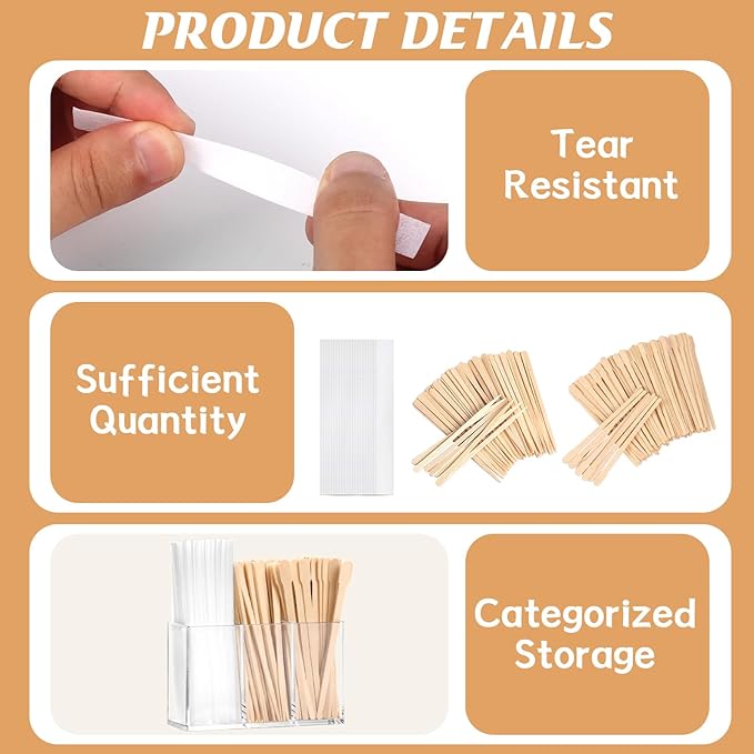 300 Pcs Eyebrow Wax Sticks and Strips Wax Applicator Sticks with 3 Compartments Wax Strips Organizer Flat Waxing Spatulas Small Eyebrow Strip Paper for Lip Nose Body