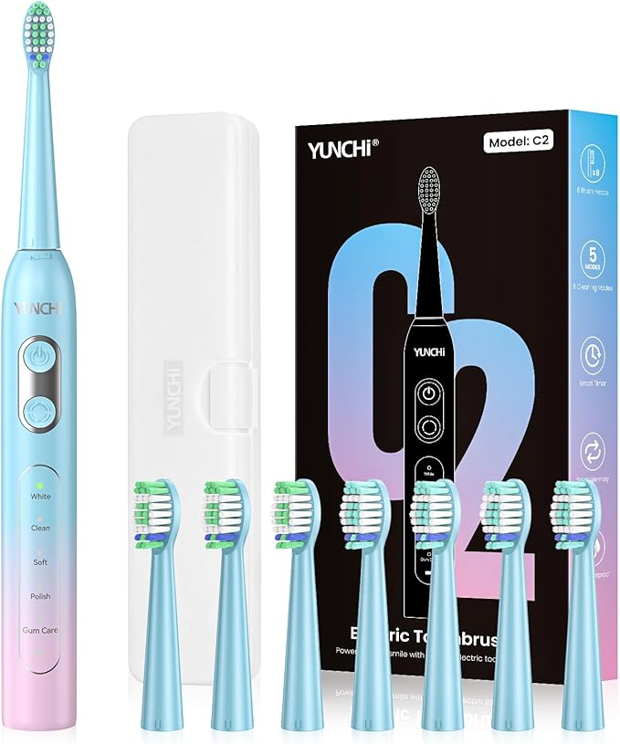 YUNCHI Sonic Electric Toothbrush for Adults,Rechargeable Toothbrushes with Travel Case, 90 Days, 8 Brush Heads, 2 Min Timer, IPX7 Waterproof, 5 Modes, Blue and Pink
