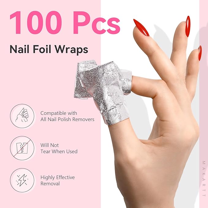 Makartt Nail Polish Remover Soak off Foils – Gel Polish Remover Foil Nail Wraps with 1.18 inch Pre-attached Lint Free Larger Cotton Pads for Gel Nail Removal at Home or Salon(100 Pcs)